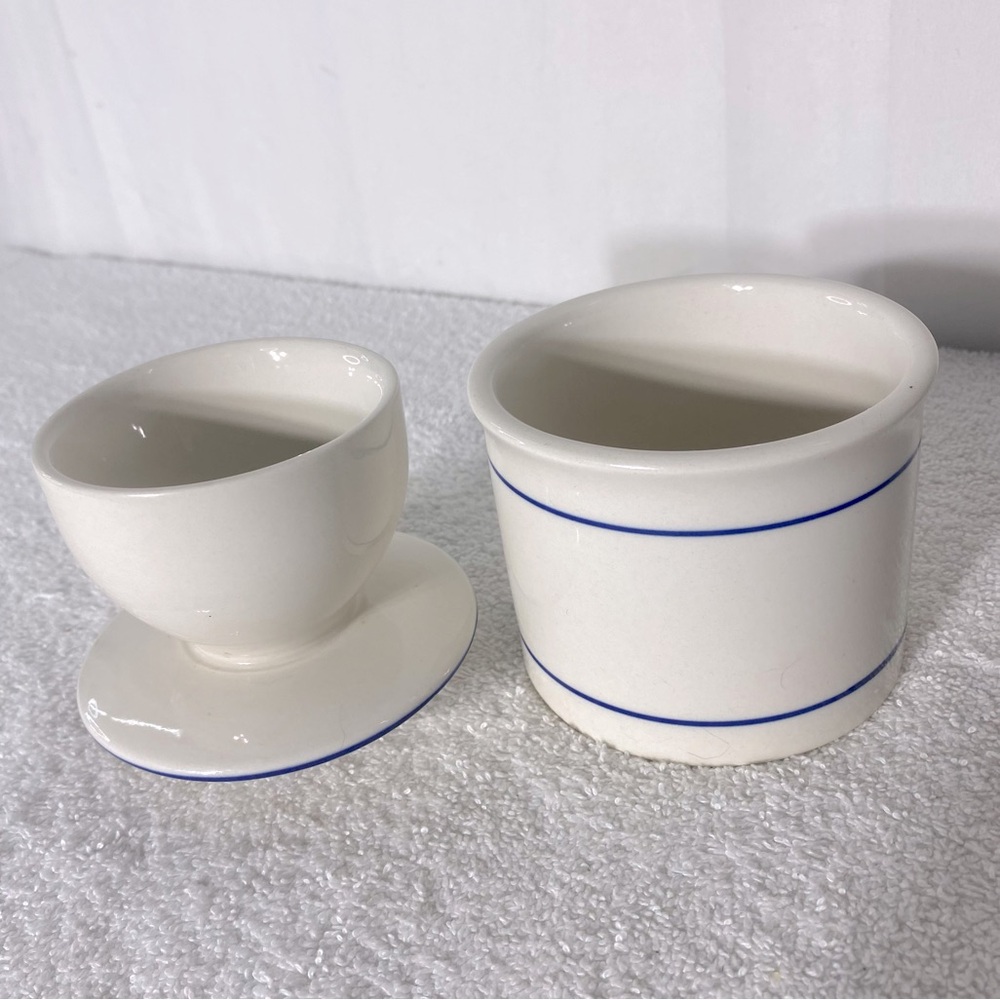 White Ceramic Butter Bell W Blue Line Accent - Picture 3 of 13